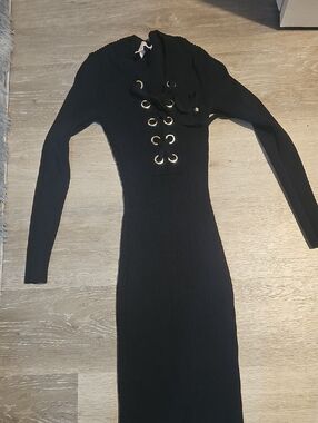 Ribbed Lace-Up Long Sleeve Navy Dress